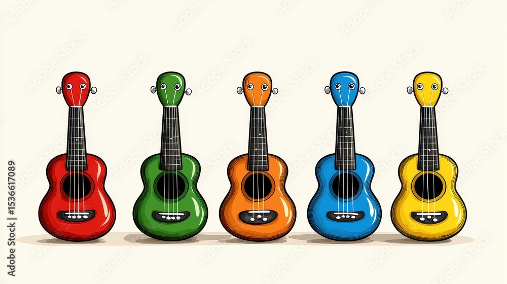 Naklejka premium Five Colorful Pixel Art Ukuleles in a Row