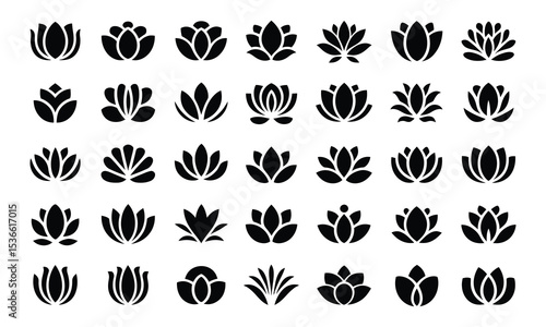 Collection of black and white flower icons