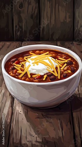 Bowl of chili with cheese and cream topping