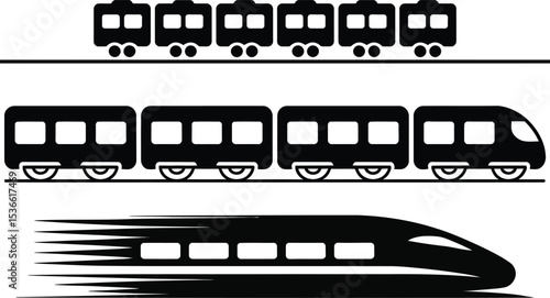 Three Train Icons in Black and White Representing Different Styles and Speeds