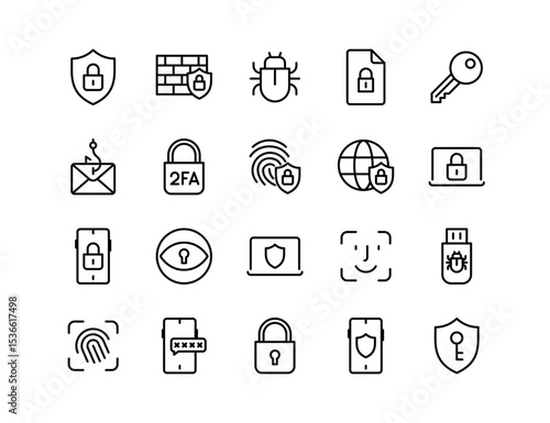 Cybersecurity Vector Icon Set | Adjustable Line Weight | Shield, padlock, firewall, password, malware, phishing, hacker, encryption, VPN, privacy, data, protection, secure, internet, safety icons