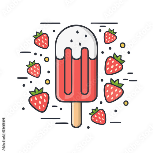 Strawberry Ice Cream Pop with White Drizzle Surrounded by Strawberries in Black Background
