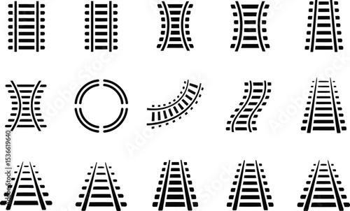 Collection of Black and White Railroad Track Icons in Various Shapes and Perspectives