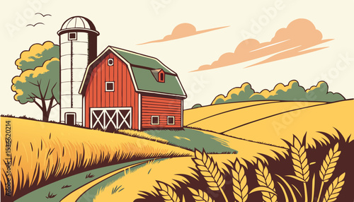 Red barn with silo and golden wheat field rural farm landscape vector illustration          