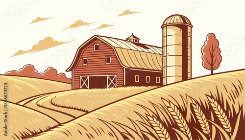 Red barn with silo and golden wheat field rural farm landscape vector illustration          