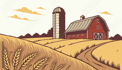 Red barn with silo and golden wheat field rural farm landscape vector illustration          