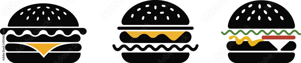 Three stylized black burger icons with cheese lettuce and tomato on a white background Three stylized black burger icons with cheese lettuce and tomato on a white background