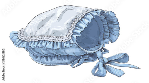 A digital illustration of a light blue baby bonnet. The bonnet is ruffled, with a lace trim and a ribbon tied at the back.  The bonnet appears to be made of a soft, possibly cotton or linen fabric.