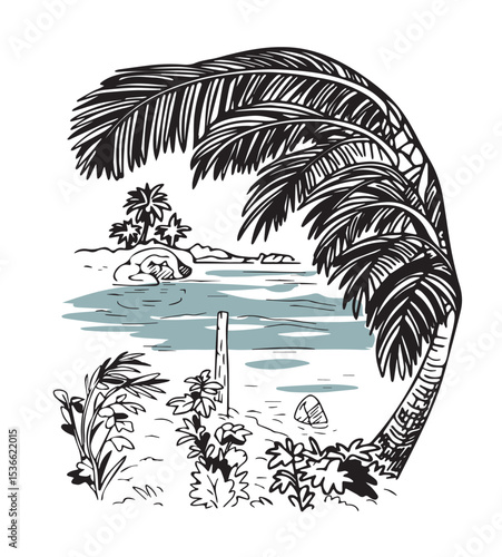 seascape with palm tree vector sketch