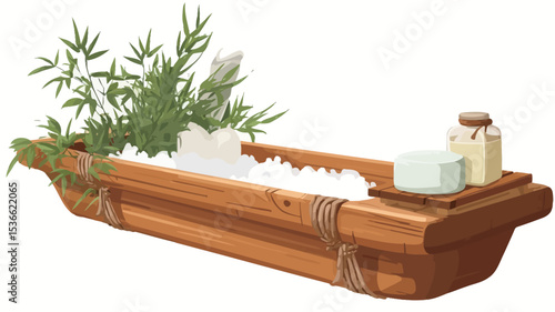 A digital illustration depicts a long, rectangular wooden bath tray with slightly upturned ends, resembling a small boat. The tray is light brown and features rope details on the sides. 