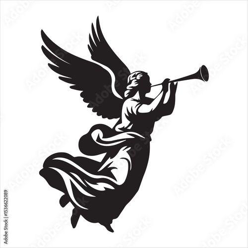 Angel Blowing Trumpet Silhouette Vector Icon in Black and White