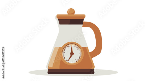 A digital illustration of a glass teapot with a built-in analog clock on its body.  The teapot is amber-colored, containing a liquid, and has a brown lid and handle.  It is depicted on a white