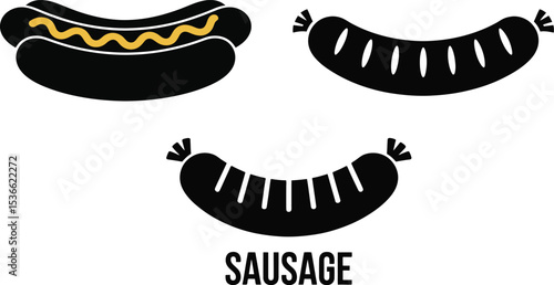 Sausage and Hot Dog Icons in Black and White Vector Illustration