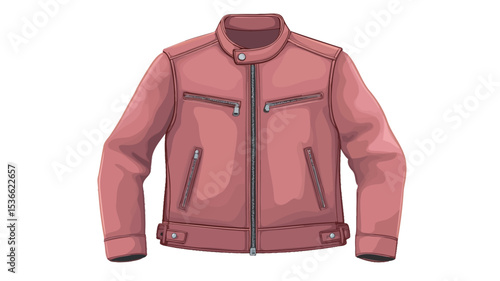 A digital illustration of a pink leather jacket. The jacket is depicted from the front, showing a zipped closure, two visible pockets with zippers, and a stand-up collar. 