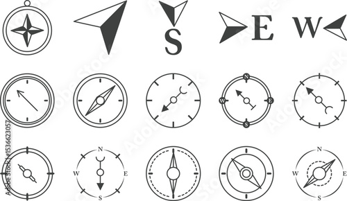 Collection of Compass Icons Navigation Symbols, Vector Graphics, EPS, Downloadable Illustrations