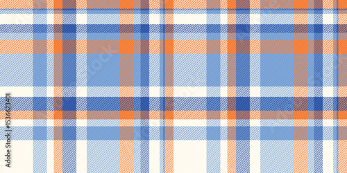 Vibrant summery plaid pattern in blue, orange  cream. Perfect for textile design, fashion, home decor, or website backgrounds.  This cheerful, classic texture evokes feelings of warmth and comfort.