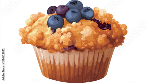 Close-up studio shot of a single blueberry muffin against a white background. The muffin is light golden brown, with a visible crumb topping and fresh blueberries on top. The image is sharply