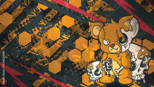 Teddy Bear Zombie Horor dengan Latar Abstrak Hexagon