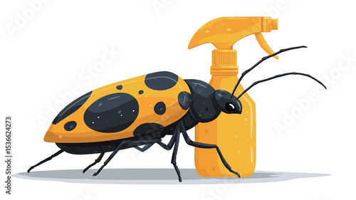 A digital illustration depicting a stylized yellow and black beetle positioned next to a yellow spray bottle. The beetle is rendered in a cartoonish style with large, prominent black spots on its