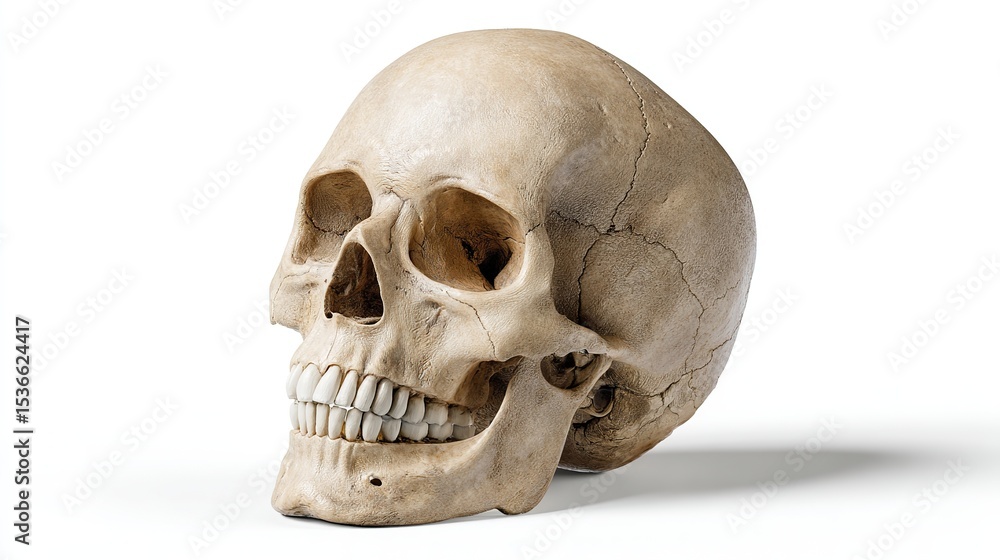 Naklejka premium Photorealistic 3D medical rendering of isolated human skull with realistic bone texture and anatomical accuracy on a clean white background