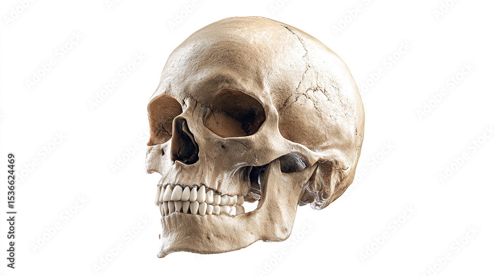 Obraz premium Photorealistic 3D medical rendering of isolated human skull with realistic bone texture and anatomical accuracy on a clean white background
