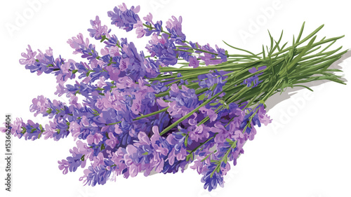 High-angle, close-up view of a bunch of lavender flowers and stems arranged in a loose bouquet. The lavender flowers are a mix of light and dark purple hues. The stems are green and visible