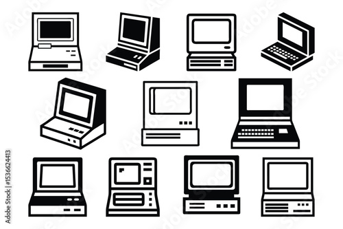 Set of vintage computer, laptop icon vector illustration on white background.