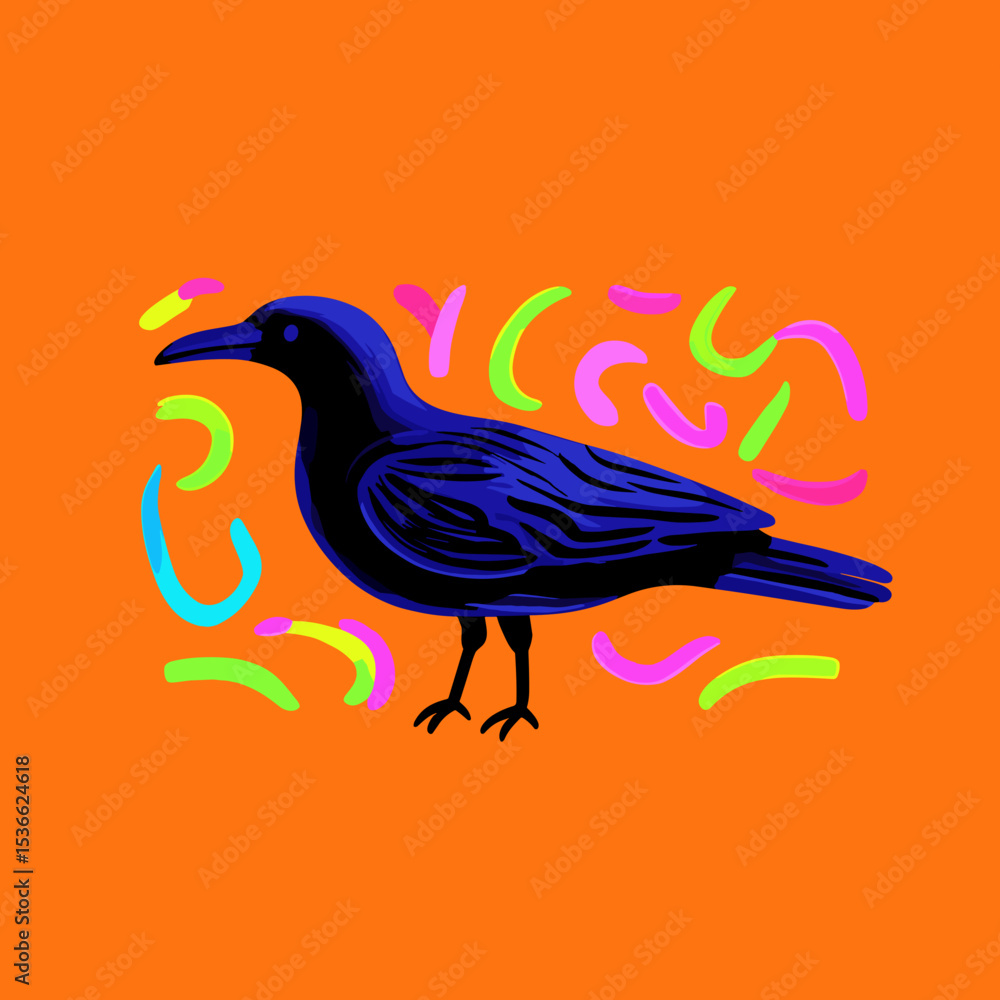 Fototapeta premium Black bird illustration on vibrant orange background with patterns 