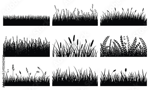 Nine black silhouettes of grass and wildflowers