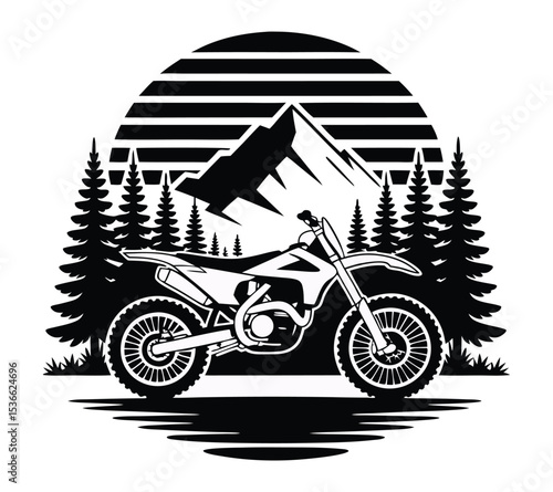 Motorcycle Adventure Logo, Dirt Bike and Mountain Scene for Off-Road Club or Event On White Background
