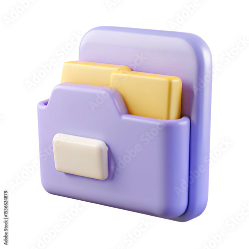 3d rendered illustration of a stylized purple file folder with yellow documents on transparent background