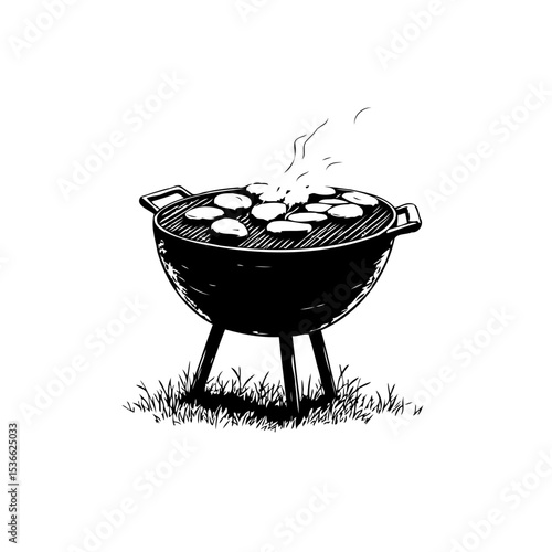 Illustration of BBQ grill with food on burning fire in monochrome art design