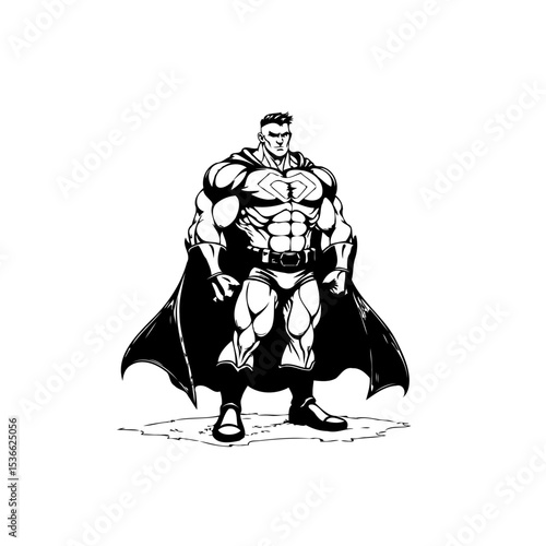 Illustrative depiction of a muscular superhero standing powerfully against a white background