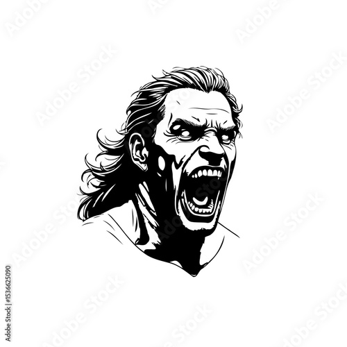 Intense monochrome illustration of a snarling man with wild hair expressing rage