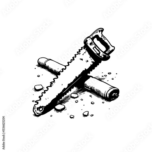 Hand saw and a log in artistic design expressing work tool monochrome