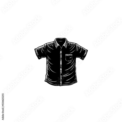 Black and white illustration of a short sleeved collared shirt with pocket