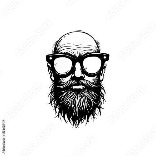 Detailed monochrome illustration of a balding man with a beard and glasses