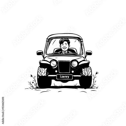 Monochrome illustration of a man driving a classic jeep with an adventurous vibe