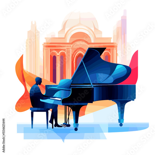 Man playing grand piano in colorful urban background