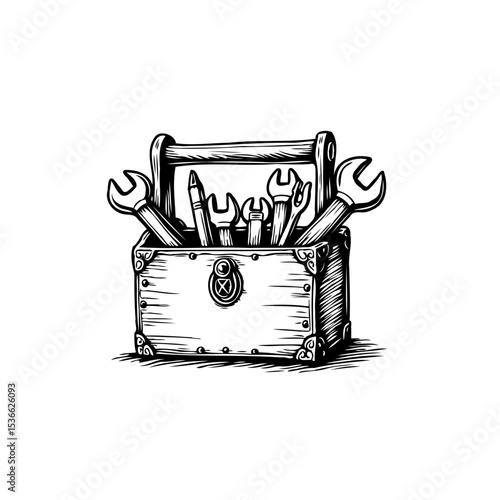 Detailed line art illustration showcasing a vintage toolbox filled with various tools