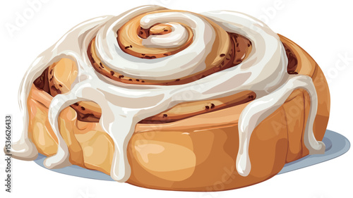 A digital illustration of a single cinnamon roll. The roll is light brown, with a visible spiral pattern. It is topped with a generous amount of off-white cream cheese frosting, 