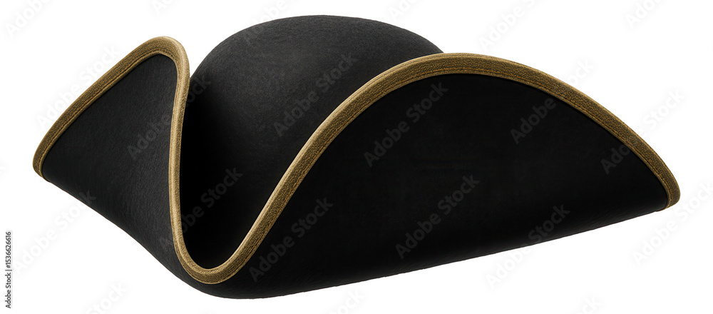 Fototapeta premium Black pirate tricorn hat with gold trim and curved edges on transparent background.