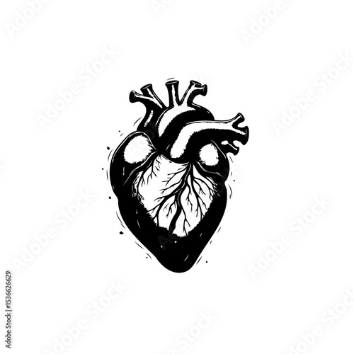 Monochrome anatomical heart illustration with intricate details and linocut style design