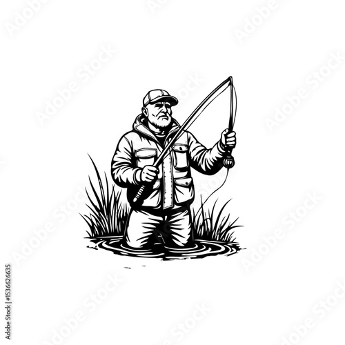 Fisherman with Rod: Detailed Vector Illustration of Angler Casting in Water