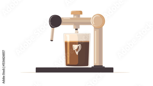 A vector illustration depicting a simplified, cartoonish style beer tap dispensing dark beer into a cylindrical glass. The beer has a noticeable head of foam. The tap is predominantly gold/beige