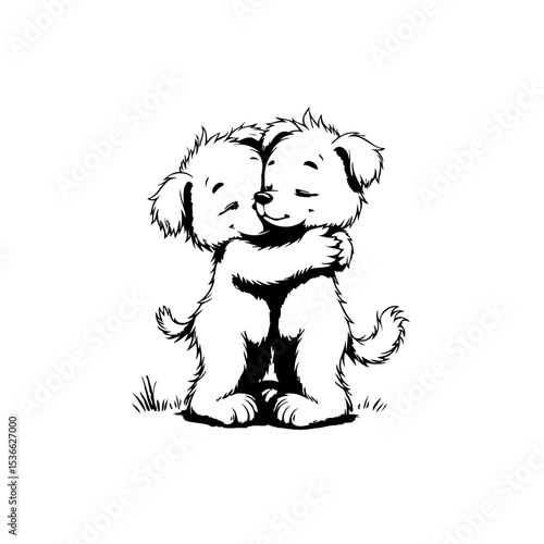 Adorable Illustration of Two Cute Puppies Embracing in a Heartwarming Moment