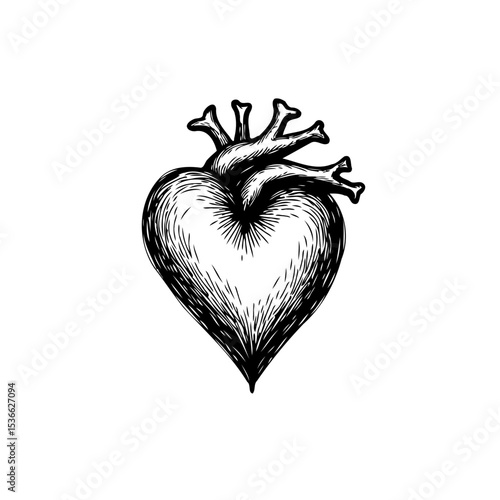 Anatomical Heart Ink Drawing: Detailed Vintage Style Illustration of Human Heart
