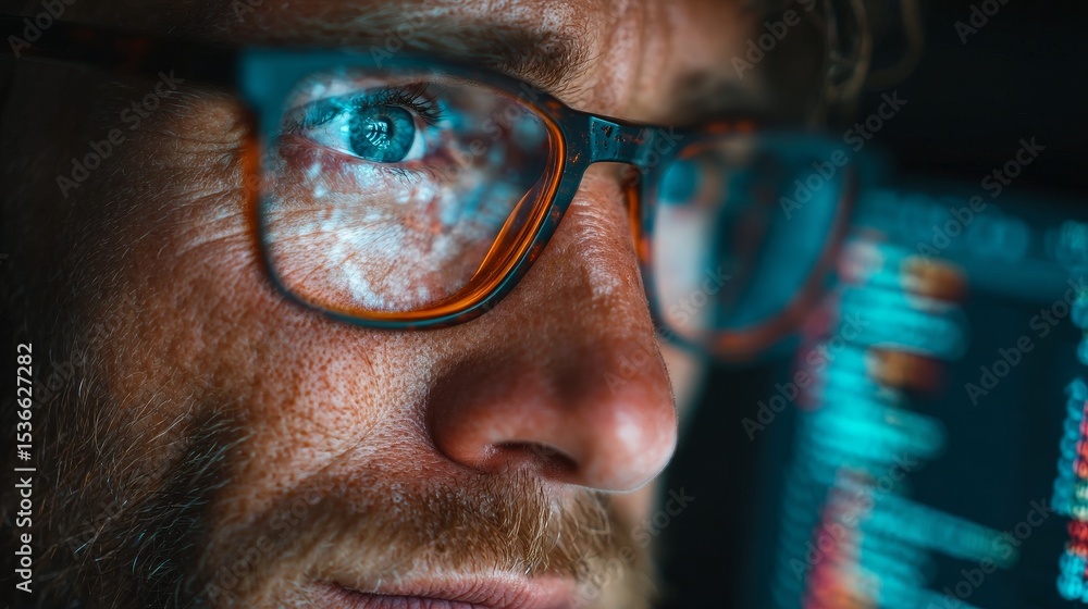 Close-up portrait of man wearing glasses reflecting code and data visualization on face, focused expression reading programming script with blurred digital background, modern technology concept. Close-up portrait of man wearing glasses reflecting code and data visualization on face, focused expression reading programming script with blurred digital background, modern technology concept.