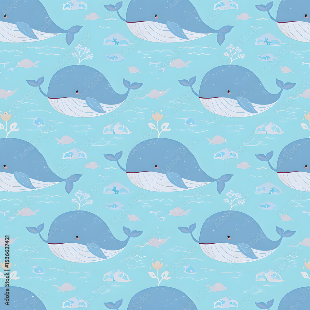 Obraz premium Whale Pattern: Whimsical illustration of a repeating pattern featuring adorable cartoon whales swimming in a serene ocean setting. This playful design exudes a sense of joy and the magic of the sea.