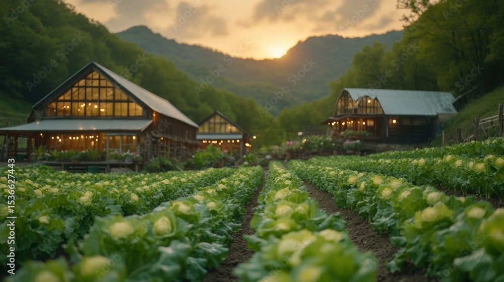 Fototapeta premium Rustic farm buildings nestled in a cabbage field at sunset